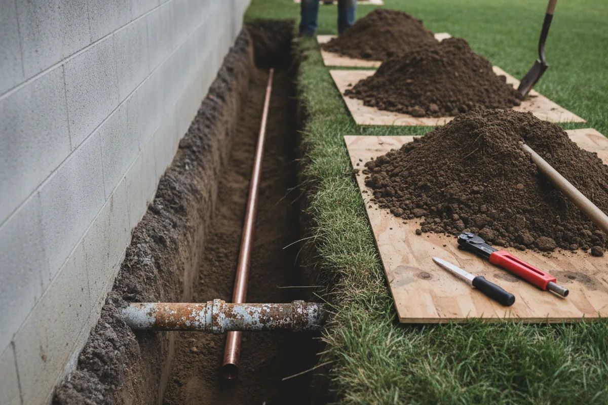 Excavated water line trench during Water Softener Installation in Hickory